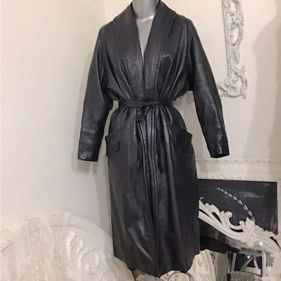 No label Jackets & Blazers - VINTAGE Black Leather Maxi Coat